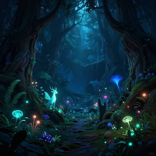 Digital fantasy forest scene with glowing mushrooms, bioluminescent plants, and ethereal blue and purple lights, creating a mystical, enchanted atmosphere.