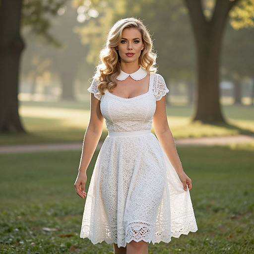 Photograph of a blonde woman with wavy hair in a white lace dress, standing in a sunlit park with trees.