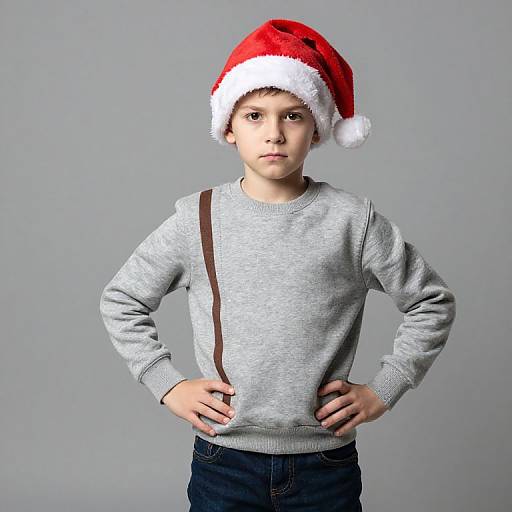 Serious Boy in Santa Hat and Striped Sweatshirt