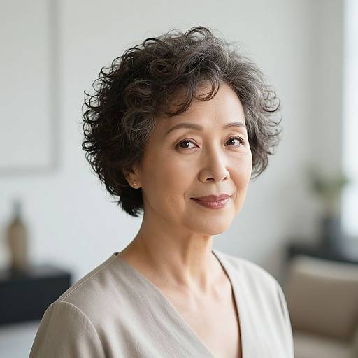 Photograph of an elegant Asian woman with short, curly black hair, light brown eyes, and a subtle smile, wearing a light gray V-neck top
