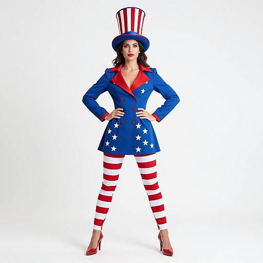 Photograph of a woman in a blue coat with white stars, red collar, red and white striped pants, blue hat with red and white stripes,