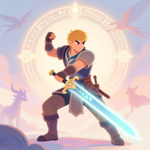 Digital artwork of a blonde, muscular warrior with a glowing blue sword, wearing blue and gray armor, striking a powerful pose against a radiant, circular background