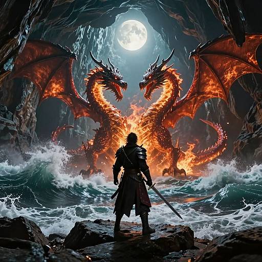 Digital artwork: Silhouetted warrior with sword facing fiery, dual-headed dragon under bright full moon, waves crashing in rocky cave. Dynamic, intense