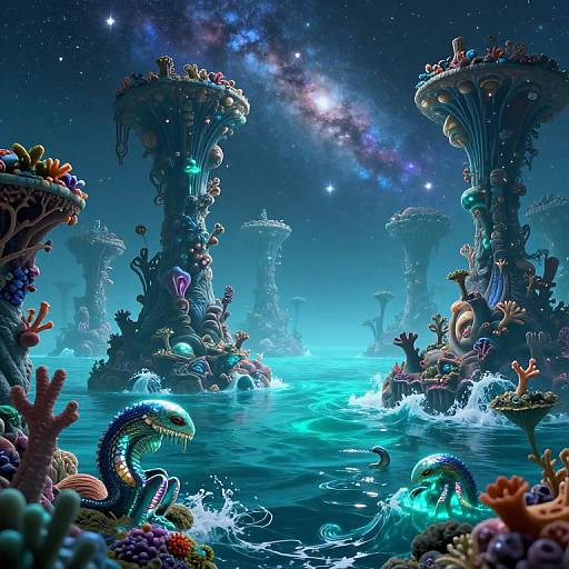 Digital art: Vibrant underwater scene with glowing blue water, bioluminescent sea creatures, towering coral structures, and a starry, cosmic sky