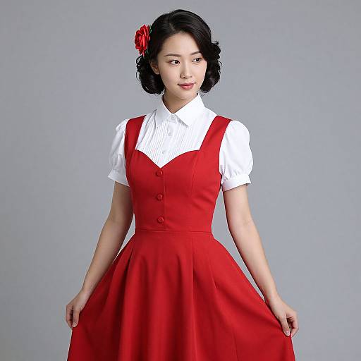 Photograph of an Asian woman with short black hair, red flower hairpin, wearing a white blouse and red pinafore dress, standing against a
