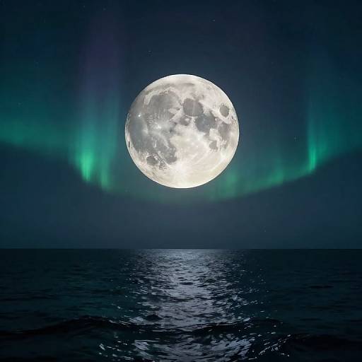 Photograph of a glowing full moon above dark ocean, illuminated by vibrant green aurora borealis in a starry night sky.