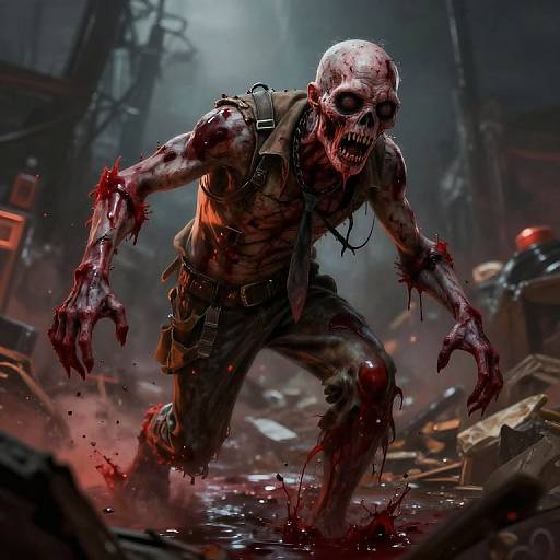 Digital art of a blood-covered, skeletal zombie with torn clothes, sharp teeth, and glowing eyes, lunging forward in a dark, post-apocalyptic