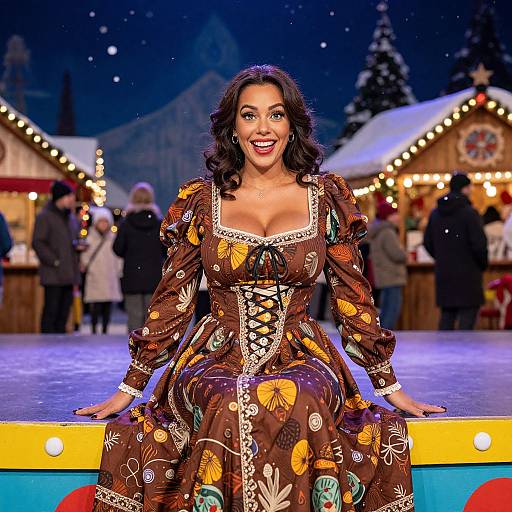 Photograph of a smiling woman with dark curly hair, wearing a brown, ornate Renaissance-style dress with floral patterns, seated on a colorful stage at