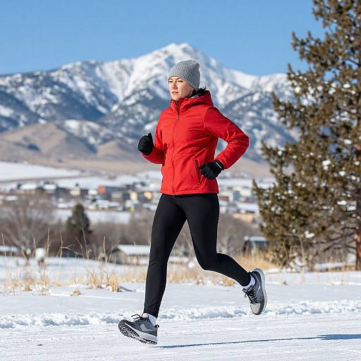 Photograph of a woman jogging in snowy landscape, wearing red jacket, black pants, white beanie, black gloves, and running shoes, with snow