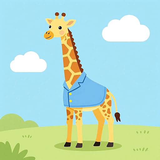 Cartoon giraffe in blue shirt standing on green grass under bright blue sky with white clouds, wearing a happy expression.