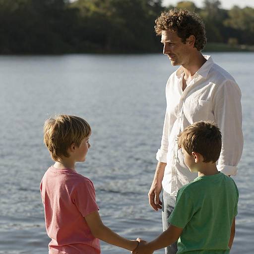 Man and Two Boys by Lake Holding Hands