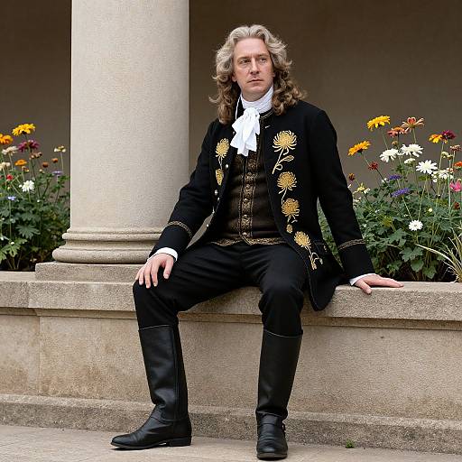 Photograph of a white man with long, curly gray hair, wearing an ornate black coat with gold embroidery, white cravat, black pants