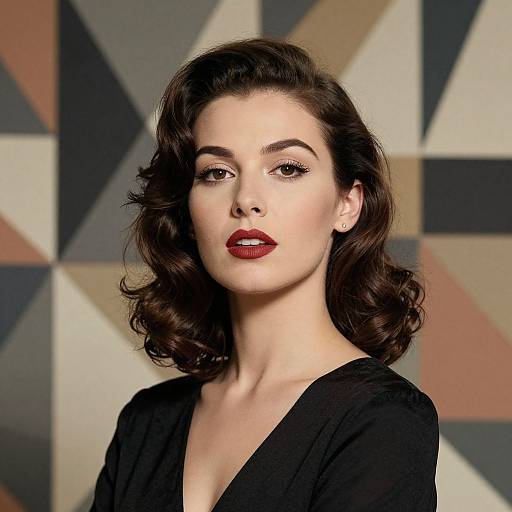 Photograph of a fair-skinned woman with dark, wavy hair, red lipstick, and black dress, set against a geometric, multicolored