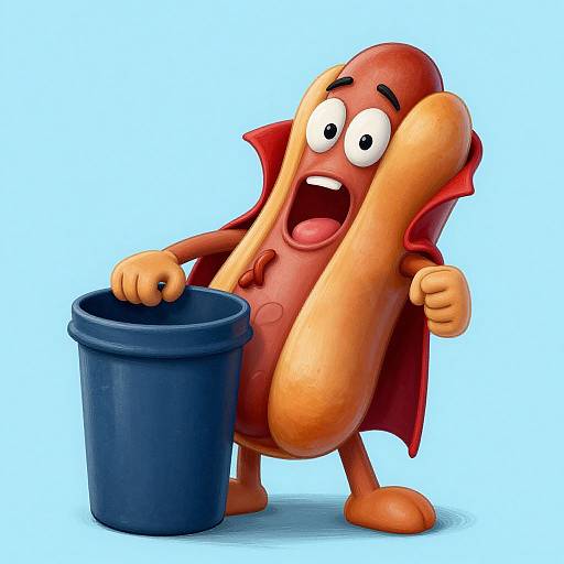 Cartoon sausage in red cape, wide-eyed and open-mouthed, dipping large, orange hot dog into blue bucket, against light blue background.