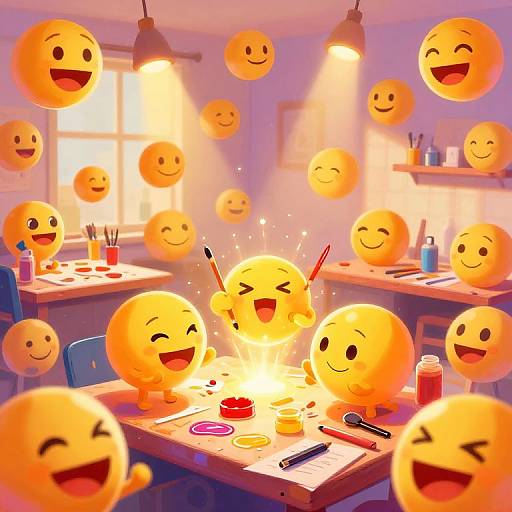 Cheerful digital illustration of smiling orange emoji faces floating around a brightly lit classroom with art tables, brushes, and paints.