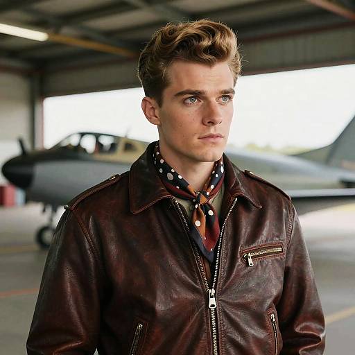 Photograph of a young, white man with short, curly brown hair, wearing a brown leather jacket and polka-dot scarf, standing in a dim