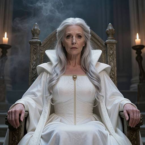 Elderly woman with long white hair in a white, ornate gown and high collar sits on an elaborate chair, surrounded by candles and smoke,