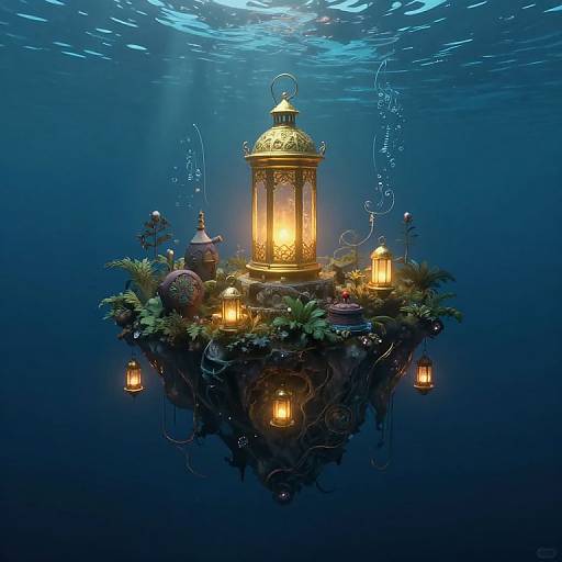 Photorealistic digital artwork of a glowing, ornate lantern on an underwater island surrounded by lanterns, plants, and bubbles, illuminated in deep blue