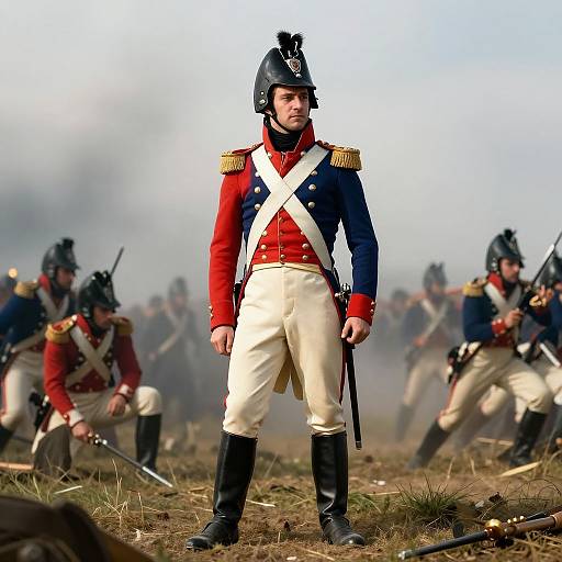 Photograph of a stern British soldier in red and blue uniform, white crossbelt, black boots, and tall hat, standing amidst a foggy battlefield