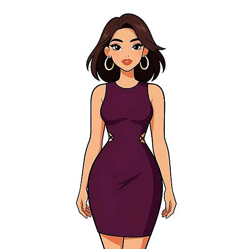 Digital illustration of a confident woman with dark brown hair, wearing a form-fitting purple dress, large hoop earrings, and red lipstick, standing against a