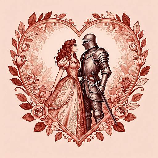 Monochromatic, rose-patterned heart frame with medieval knight in armor and fair maiden in detailed dress, standing side by side. Digital illustration.