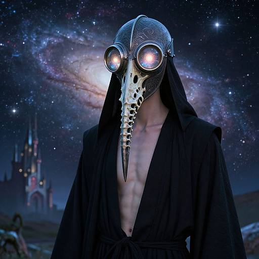 Photograph of a person with a skeletal plague doctor mask, glowing eyes, black robe, under a starry night sky with a castle in the background