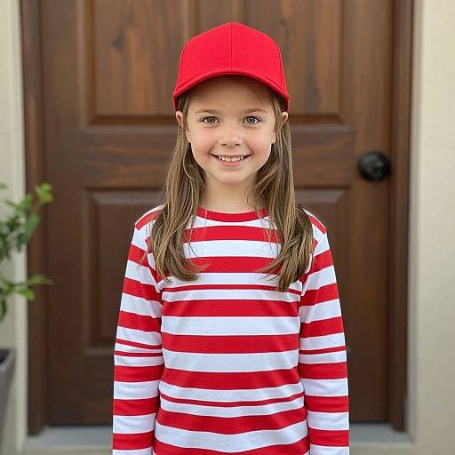 Photograph of a smiling young girl with light brown hair, wearing a red hat and red-and-white striped shirt, standing in front of a dark wooden