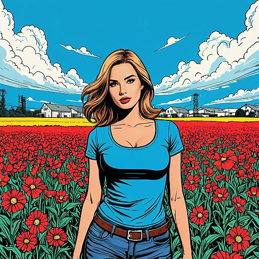 Pop Art Woman in Flower Field