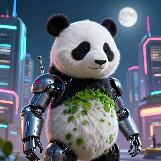 CGI image of a robotic panda with black and white fur, green leaf patterns on its belly, standing in a neon-lit futuristic cityscape under