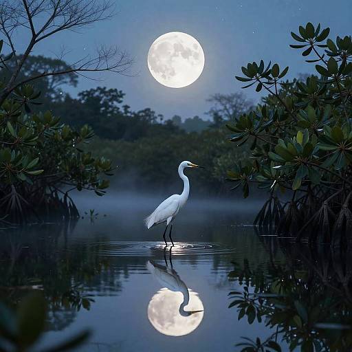 Photograph of a white egret standing in a reflective, moonlit marsh, surrounded by dark green foliage, with a bright full moon overhead.