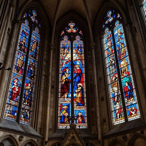 Photograph of vibrant Gothic-style stained glass windows in a cathedral, featuring colorful biblical scenes with figures in red, blue, and yellow.