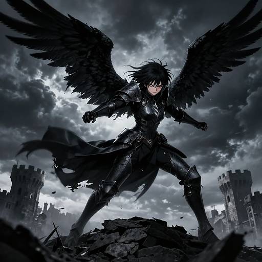 Digital anime artwork of a black-winged, armored warrior with intense eyes, standing on rocky ruins under a stormy sky, with two castle towers in