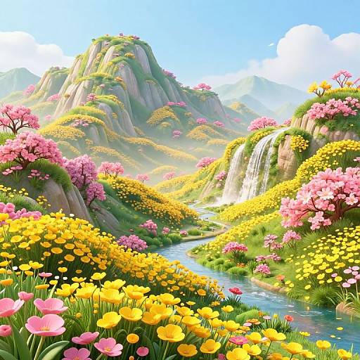 Vibrant digital landscape of a sunny valley with colorful flowers, yellow and pink blossoms, a meandering river, waterfall, and rocky mountains in