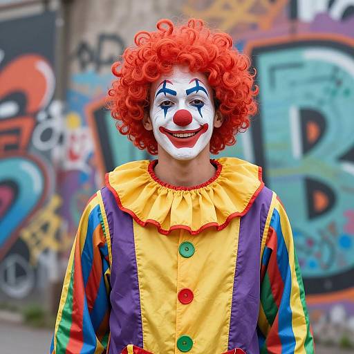 Smiling Clown in Colorful Costume with Graffiti Background