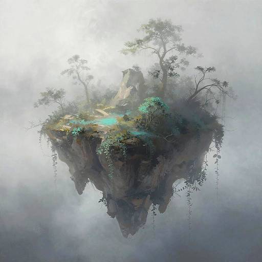 Digital fantasy artwork of a misty, floating island with towering trees, lush greenery, and a glowing turquoise pool, suspended in a foggy atmosphere