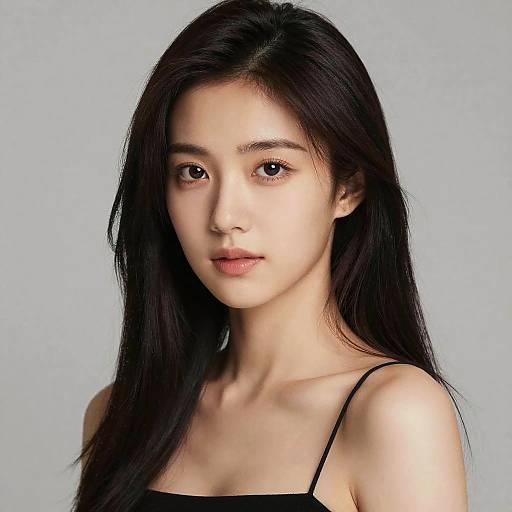 Photograph of an East Asian woman with long, straight black hair, fair skin, and brown eyes, wearing a black spaghetti strap top, against a