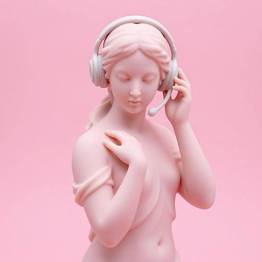 Digital 3D sculpture of a pink-skinned, nude woman with closed eyes, wearing silver headphones, arms gently raised, against a solid pink background