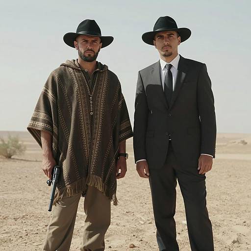 Two Men in Desert Wearing Poncho and Suit