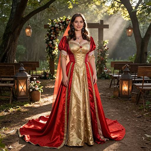 Photograph of a brunette woman in a gold and red medieval-style gown with puffed sleeves, standing in a sunlit forest wedding aisle.