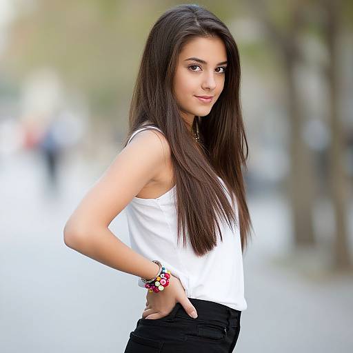 Photograph of a young woman with long, straight dark brown hair, wearing a white tank top and black pants, standing outdoors with a blurred background of