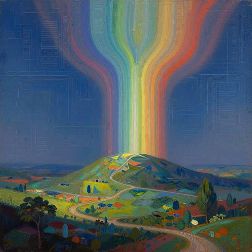 Vibrant digital painting of a hill with a radiant, multi-colored rainbow light beam descending, surrounded by colorful houses and winding roads.