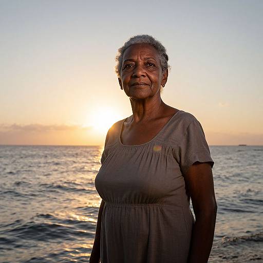 Photograph of an elderly Indian woman with short gray hair, wearing a gray dress, standing on a beach at sunset, with the sun behind her and