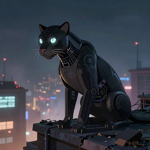 Neon Midnight Android Panther on Rooftop
