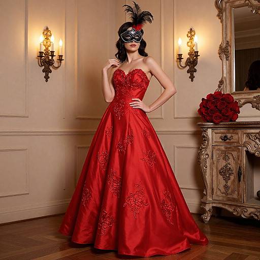 Elegant Woman in Red Masquerade Gown