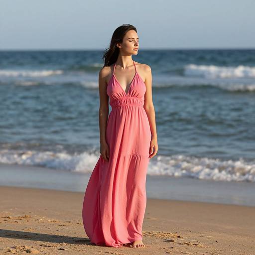 Photograph of a woman with long dark hair in a flowing, pink, halter-neck dress standing on a sunny beach with gentle waves.