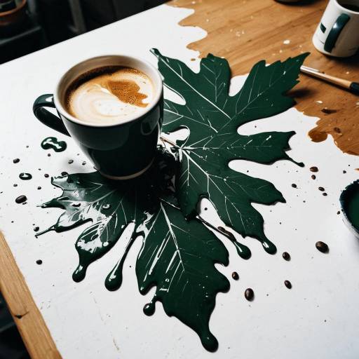Coffee cup on spilled green paint shaped like leaves