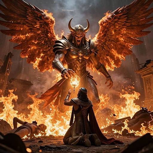 Digital fantasy artwork: A fiery, armored demon with large wings dominates a burning battlefield, holding a torch, facing a kneeling, armored figure. Scattered