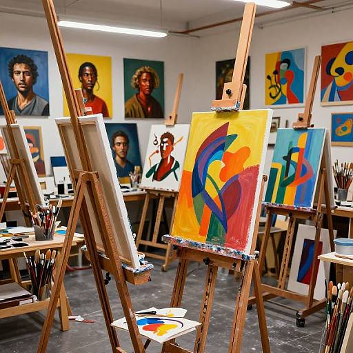 Photograph of an art studio with wooden easels displaying colorful portraits and abstract paintings, surrounded by brushes and canvases. Bright fluorescent lighting.