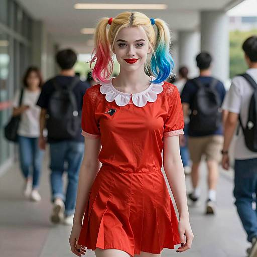 Woman in Harley Quinn Inspired Red Dress