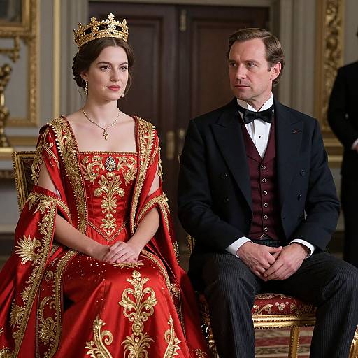 Photograph of a regal couple; woman in ornate red and gold gown, gold crown, and necklace, seated beside a man in black t